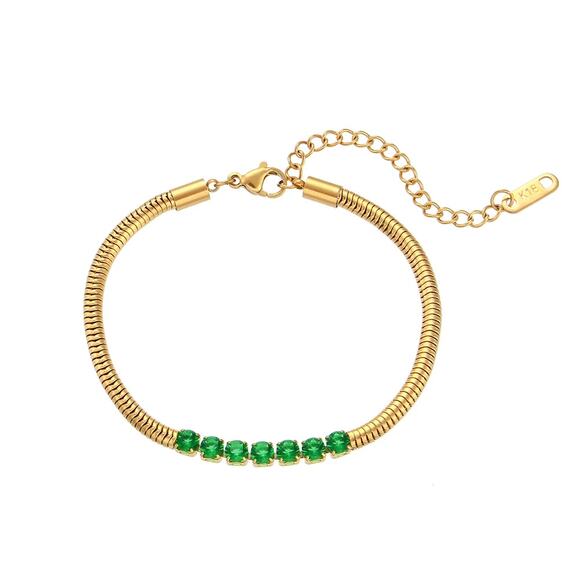 Emerald Green Zircon Snake chain Bracelet 18K Gold Plated Stainless Steel - Picture 1 of 9